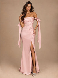 Off The Shuolder Satin Prom Dress Slit Mermaid Formal Gowns