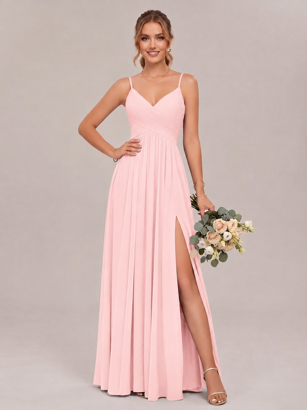 Blush Pink Spaghetti Straps Pleated Chiffon Bridesmaid Dress with Slit V-Neck A-line Long Formal Evening Wedding Guest Gown
