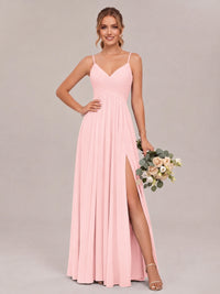 Blush Pink Spaghetti Straps Pleated Chiffon Bridesmaid Dress with Slit V-Neck A-line Long Formal Evening Wedding Guest Gown