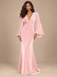 Burgundy Velvet Deep V-Neck Ruched Long Sleeve Maxi Dress