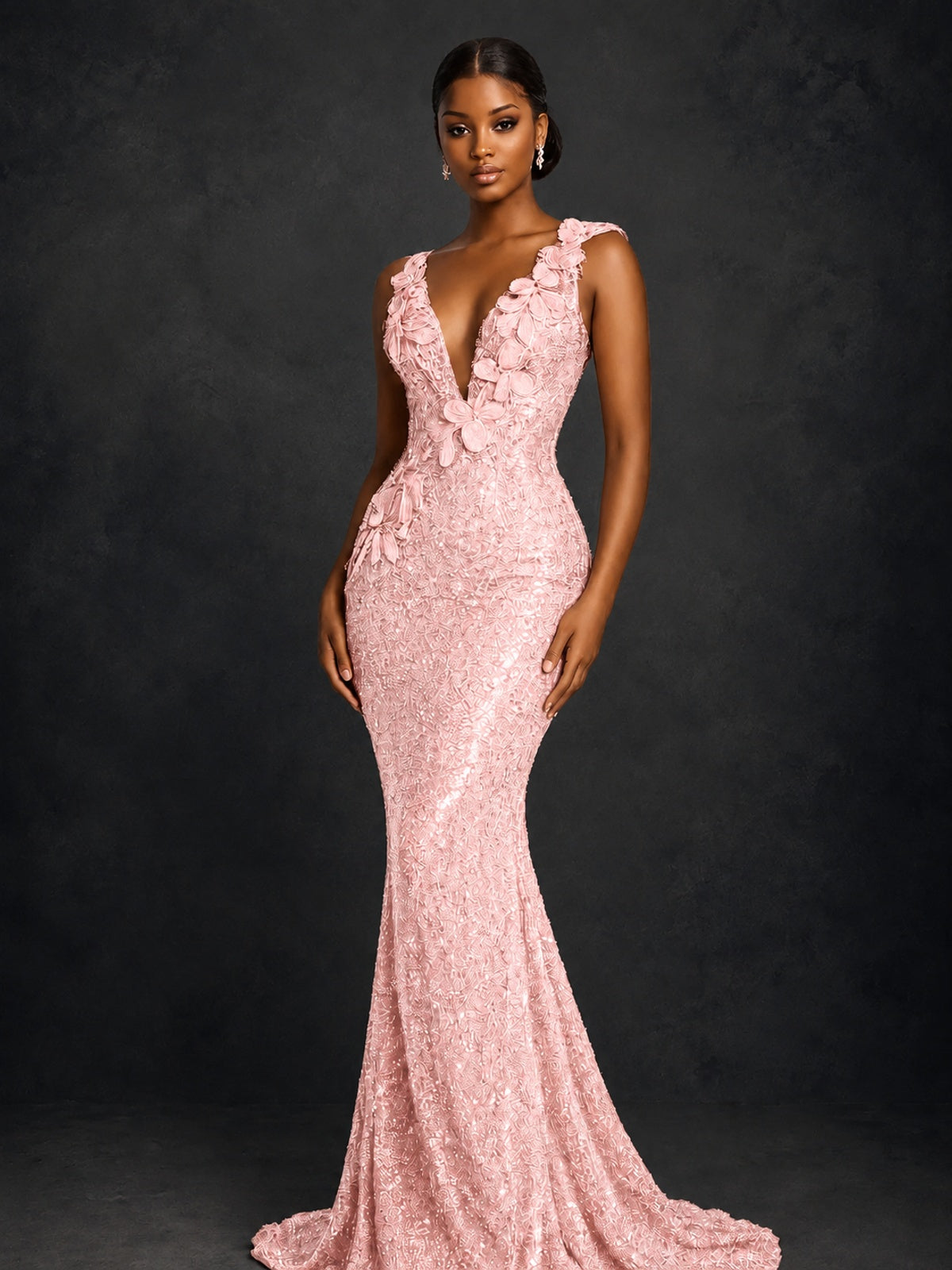 Gold Sequin Floral Applique Mermaid Prom Dress