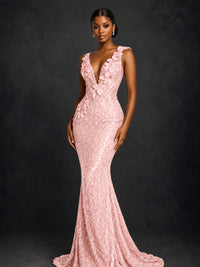 Gold Sequin Floral Applique Mermaid Prom Dress