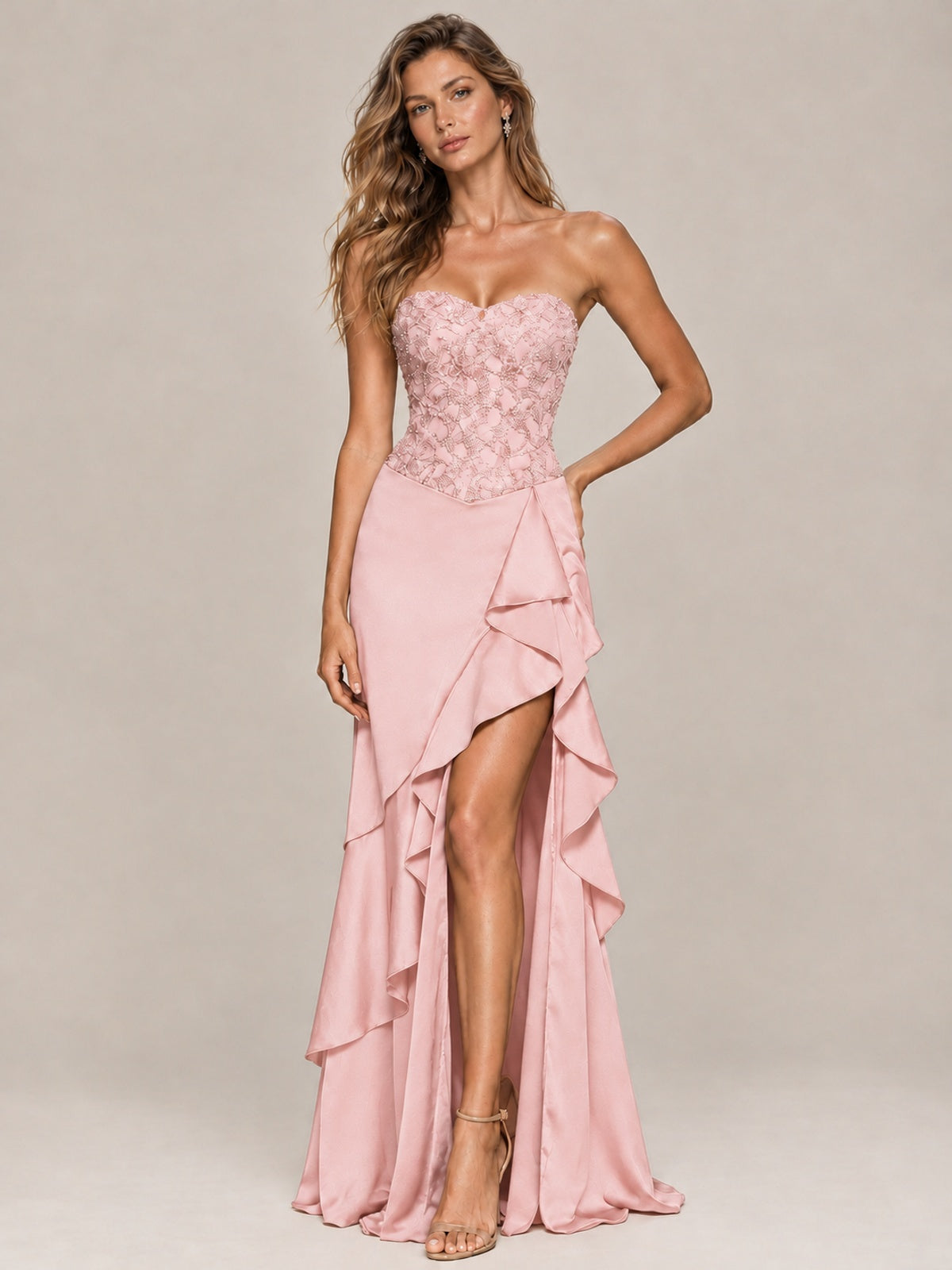 Strapless Lace Appliques Corset Satin Prom Dress Ruffle Slit Evening Gown