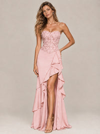 Strapless Lace Appliques Corset Satin Prom Dress Ruffle Slit Evening Gown