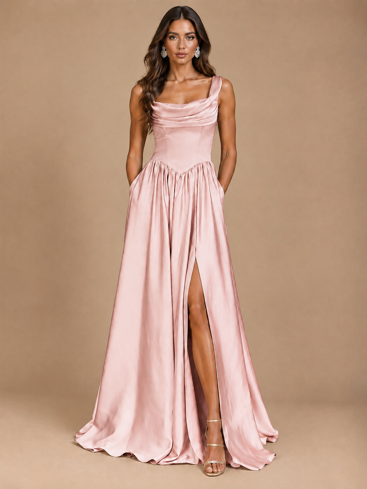 Cowl Neck Pleated Satin Prom Dress with Pockets & Slit Maxi Formal Gowns