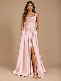 Cowl Neck Pleated Satin Prom Dress with Pockets & Slit Maxi Formal Gowns