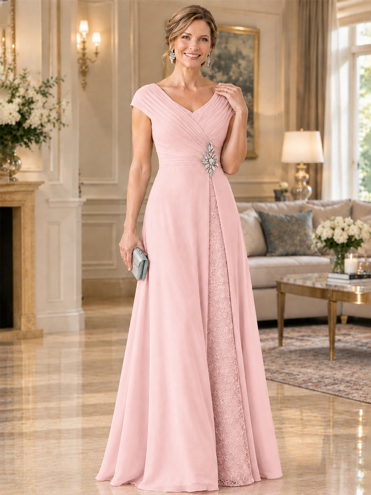 Pleated Chiffon Lace Mother of The Bride Dresses with Beading Cap Sleeves