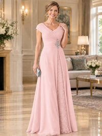 Pleated Chiffon Lace Mother of The Bride Dresses with Beading Cap Sleeves