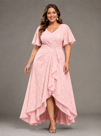 Jacquard Chiffon A-Line V-Neck High-Low Mother of the Bride Dress