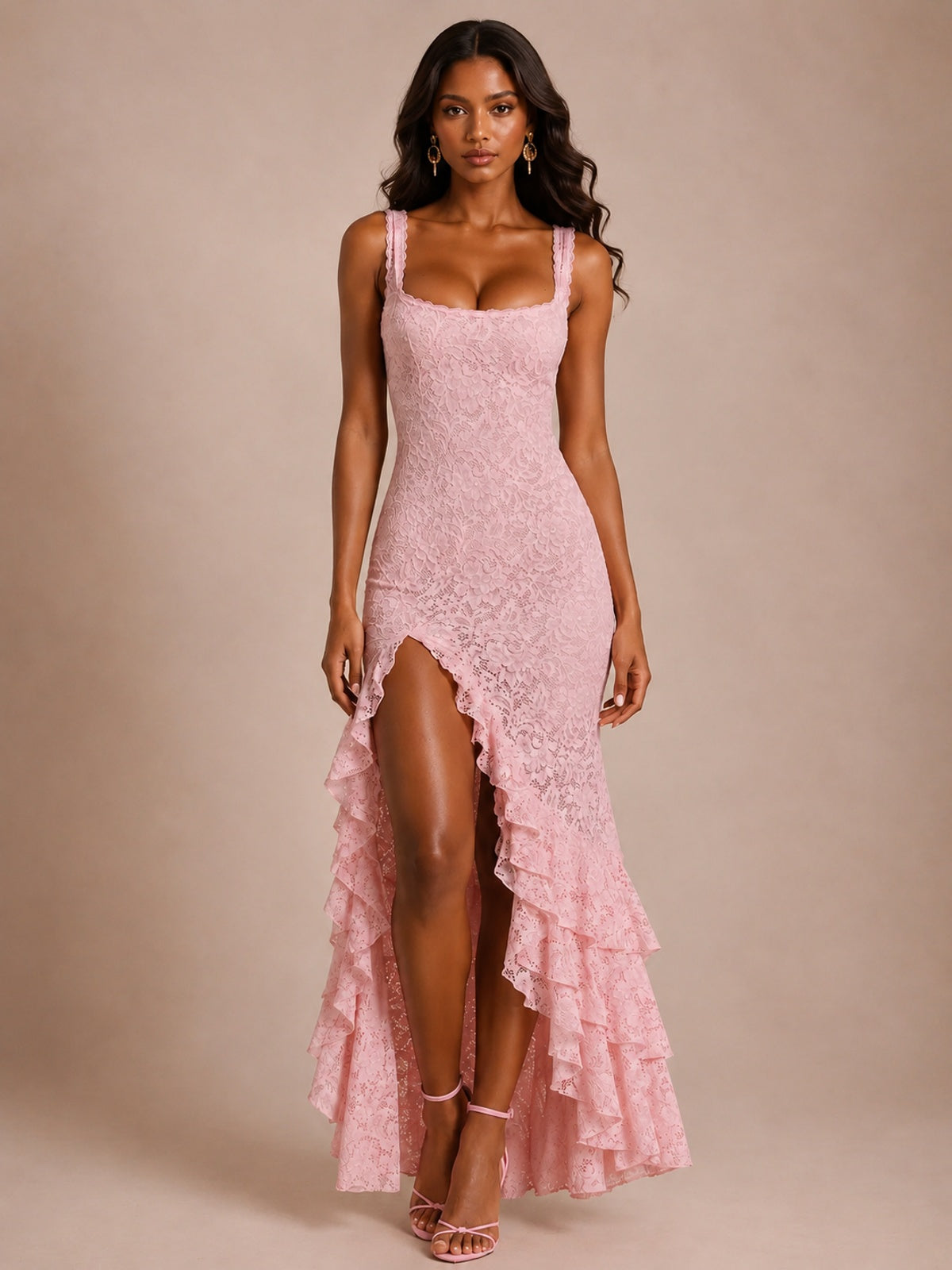 Square-Neck Lace Ruffle High-Low Maxi Dress