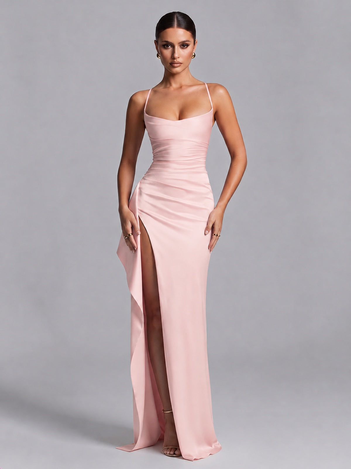 Blush Pink Squre Neck Pleated Satin Prom Dresses for Teens Women Long Evening Formal Gown with Slit Ruffles