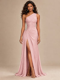 Burgundy One Shoulder Ruched Prom Dress with High Slit & Beaded Waist