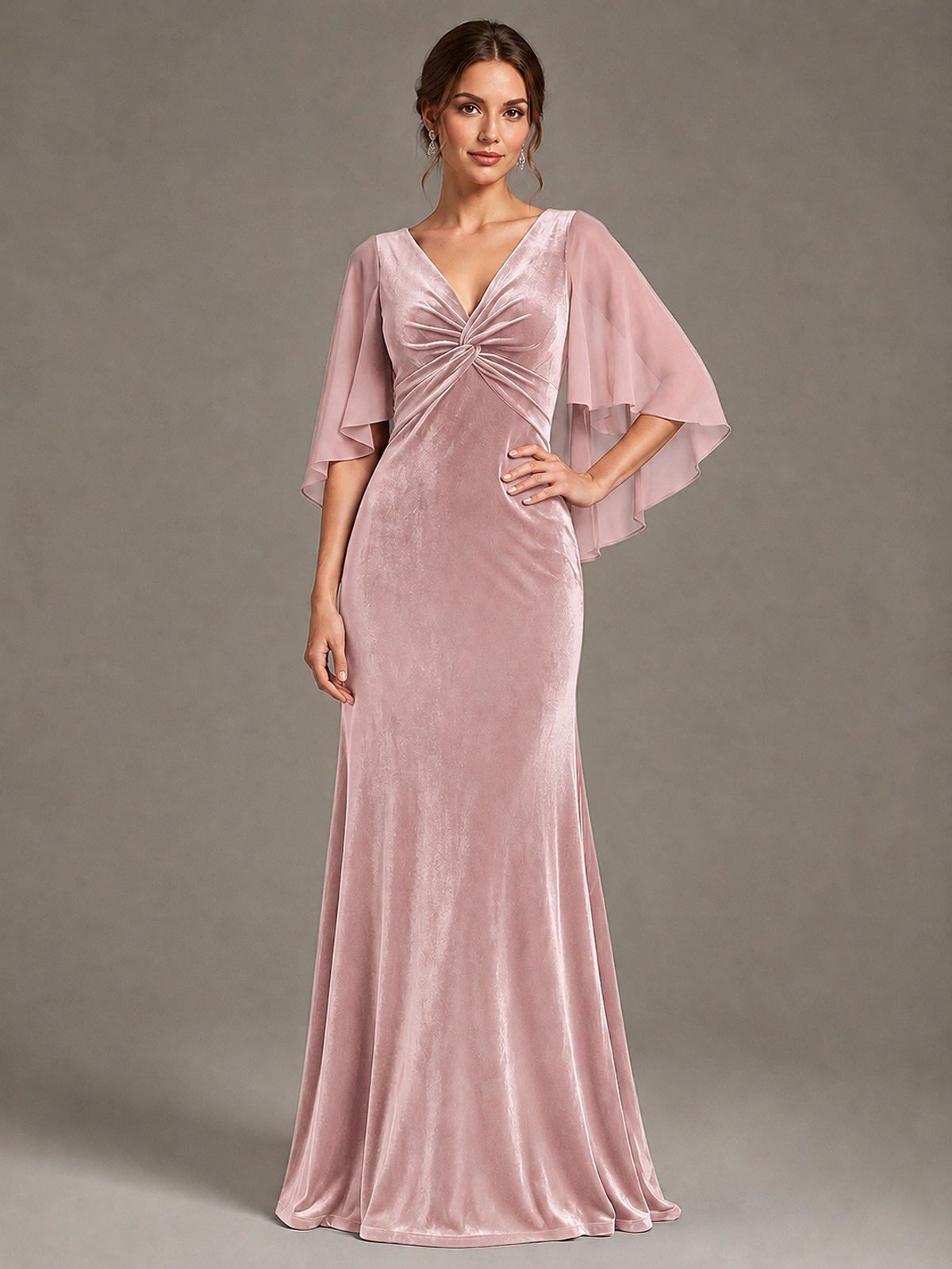 Navy Blue Velvet V Neck Mermaid Formal Dress with Flutter Cape Sleeves