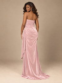 Burgundy Velvet Strapless Ruched Prom Dress with Jeweled Side Drape