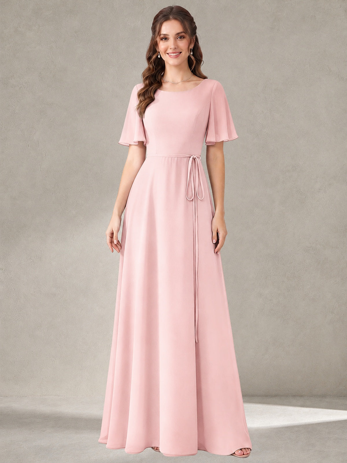 Blush Pink Scoop Neck A-line Chiffon Bridesmaid Dress with Belt Flutter Sleeve Formal Wedding Guest Dress Evening Gown