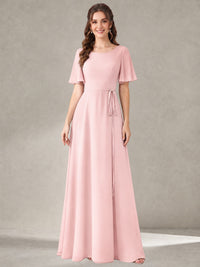 Blush Pink Scoop Neck A-line Chiffon Bridesmaid Dress with Belt Flutter Sleeve Formal Wedding Guest Dress Evening Gown