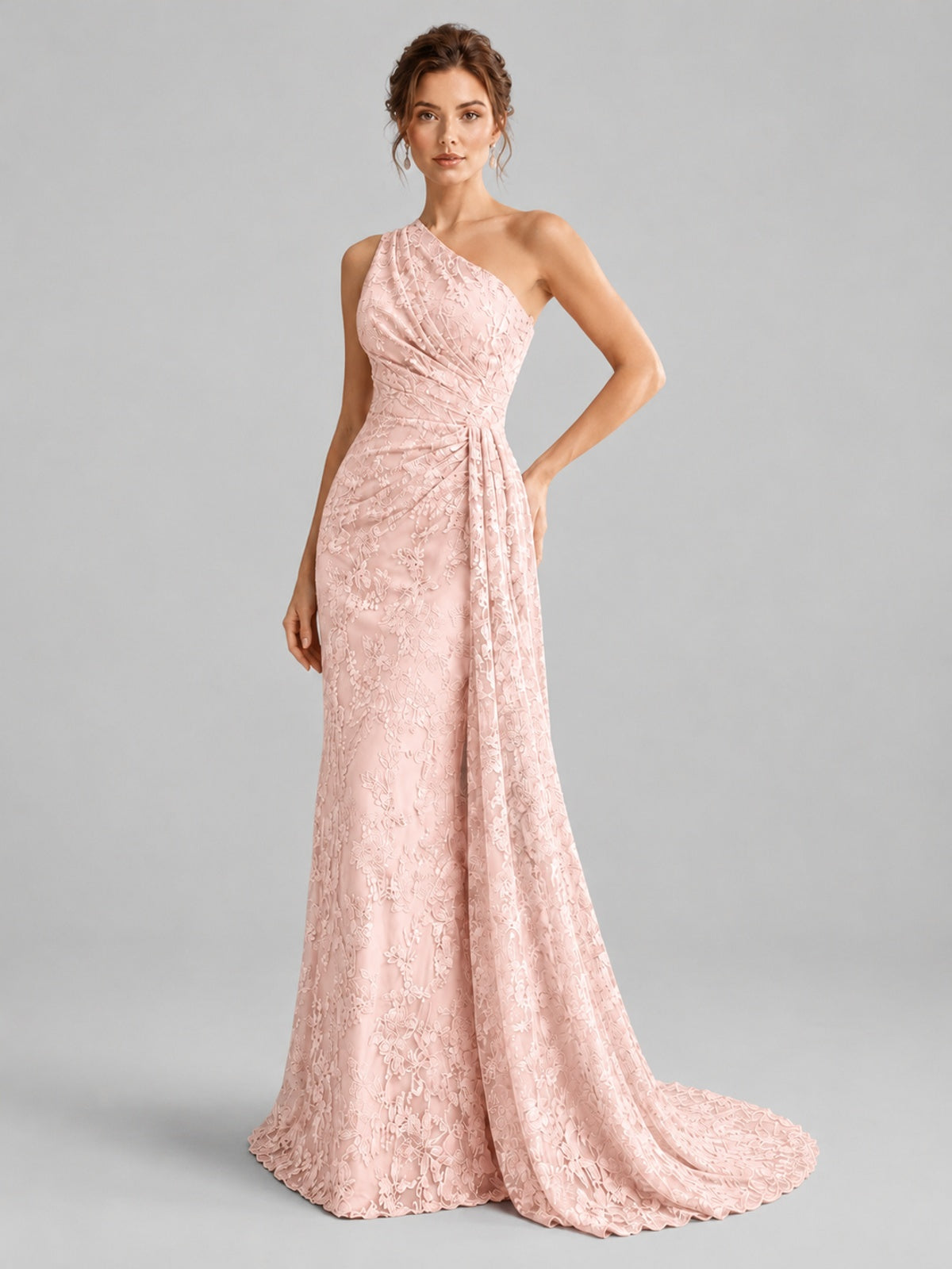 One-Shoulder Ruched Floral Lace Floor-Length Prom Dress