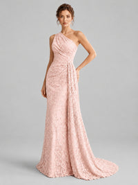 One-Shoulder Ruched Floral Lace Floor-Length Prom Dress