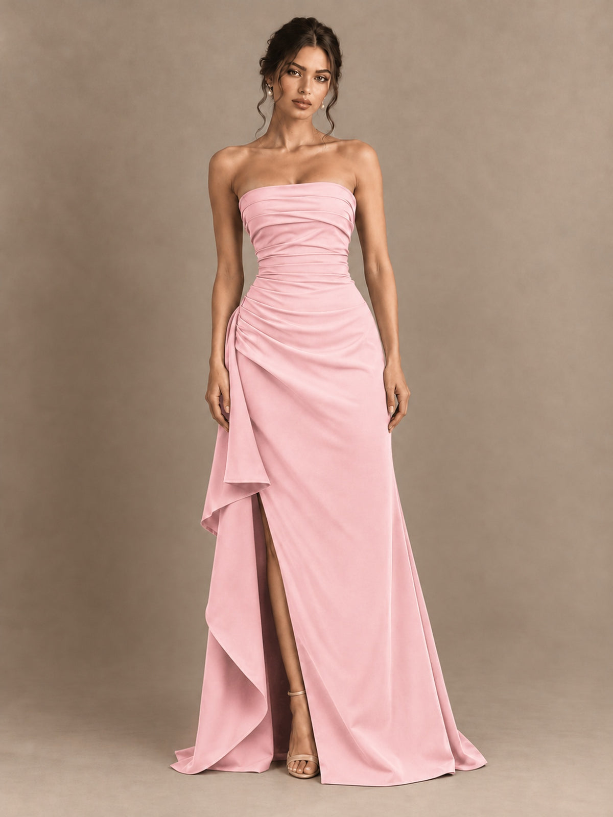 Black and White Strapless Ruched Prom Dress with High Slit & Side Drape