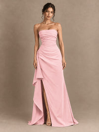 Black and White Strapless Ruched Prom Dress with High Slit & Side Drape