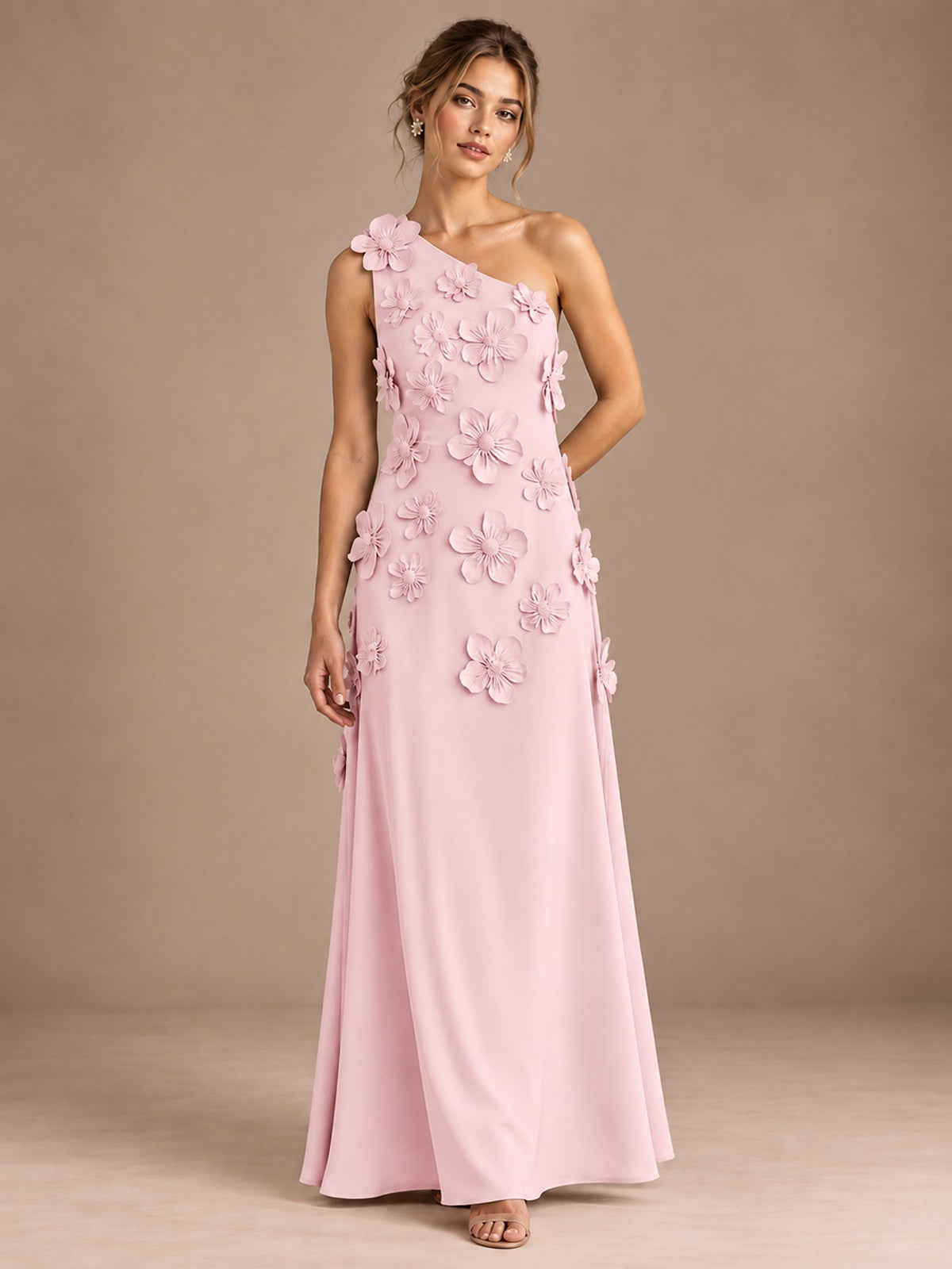 Blush Pink- One Shoulder Satin Formal Maxi Dress with 3D Floral