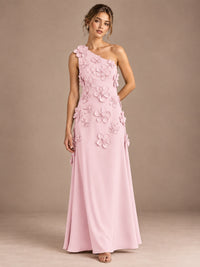 Blush Pink- One Shoulder Satin Formal Maxi Dress with 3D Floral