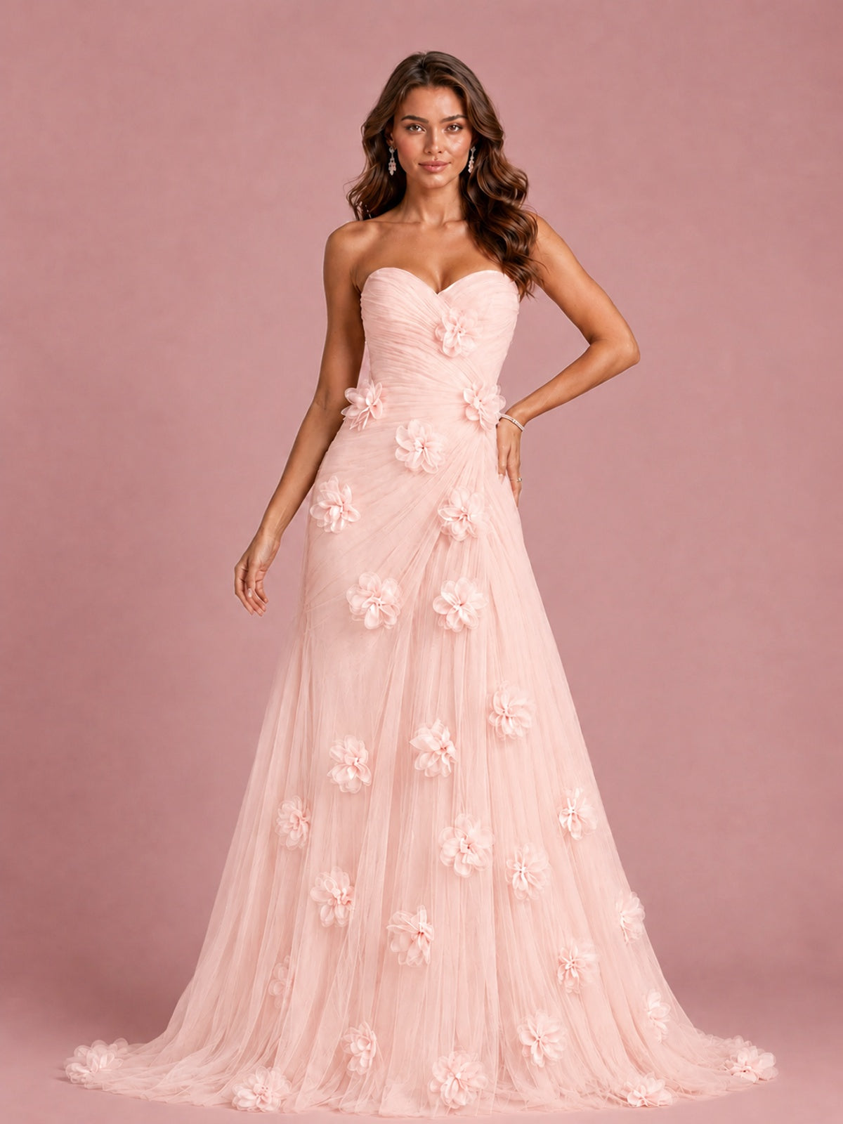 3D Floral Applique Strapless Tulle Prom Dress with High Slit