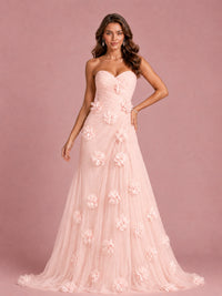 3D Floral Applique Strapless Tulle Prom Dress with High Slit
