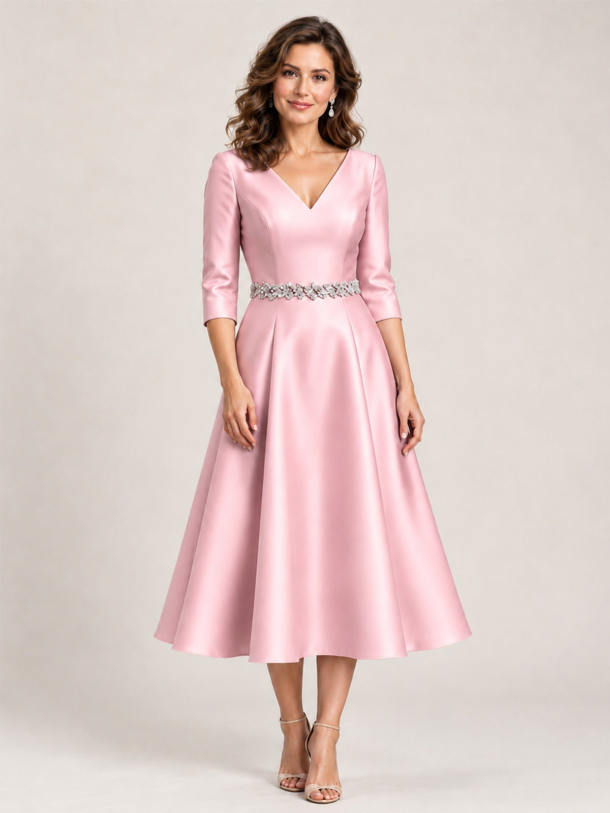 Blush Pink V-Neck Tea-Length Mother of the Bride Dress with Embellished Waist