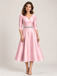 Blush Pink V-Neck Tea-Length Mother of the Bride Dress with Embellished Waist