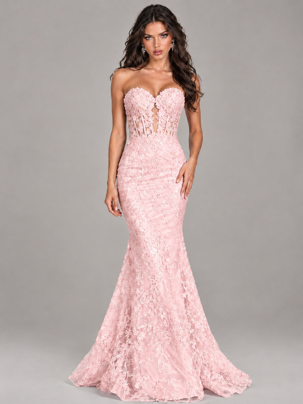 Strapless Corset Mermaid Prom Dress Lace Appliqué Formal Gown