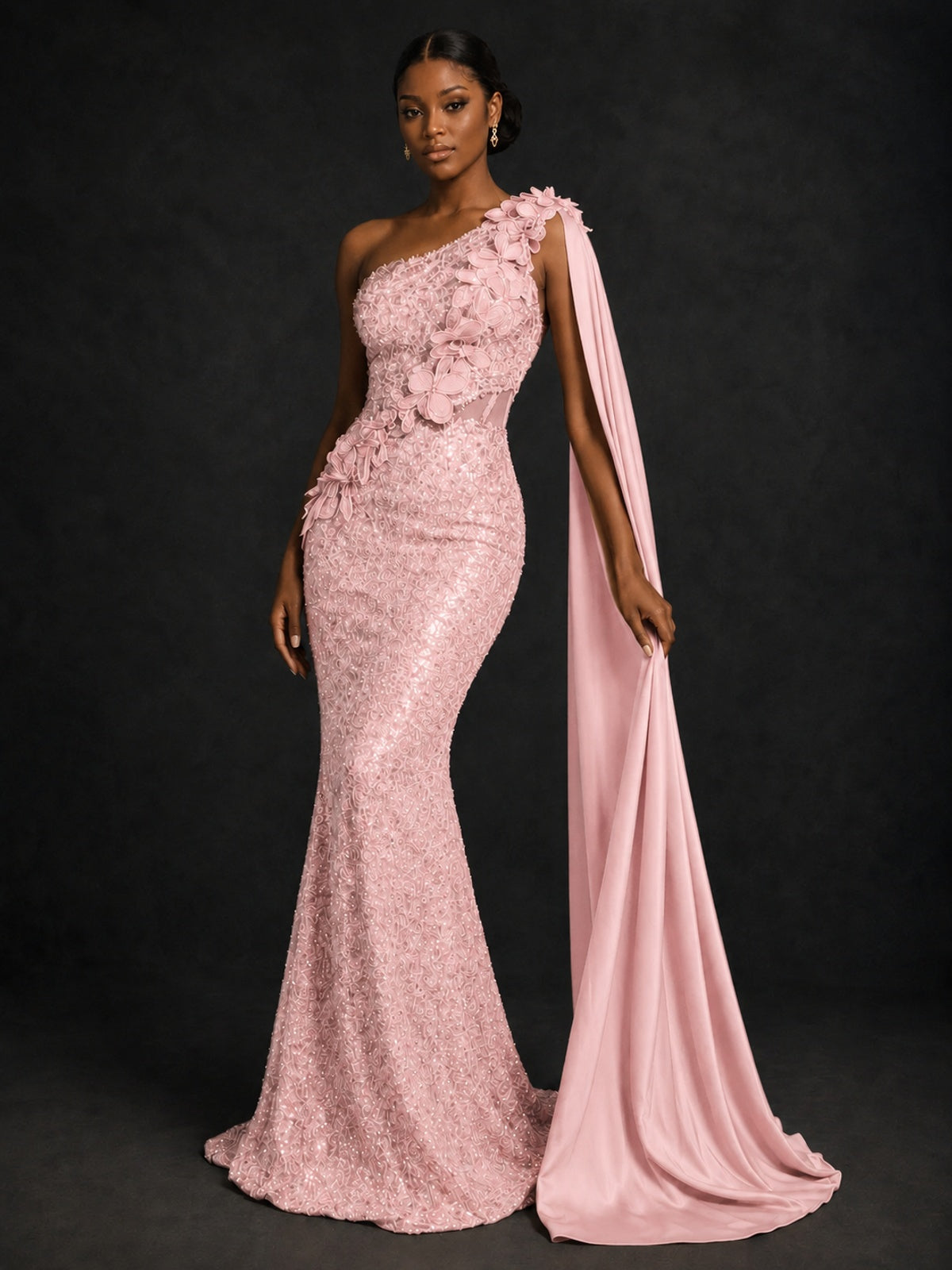 Gold Sequin One Shoulder Mermaid Prom Dress with Cape