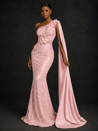 Gold Sequin One Shoulder Mermaid Prom Dress with Cape