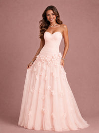 Blush Pink Strapless Sweetheart 3D Floral Tulle Ball Gown Prom Dres