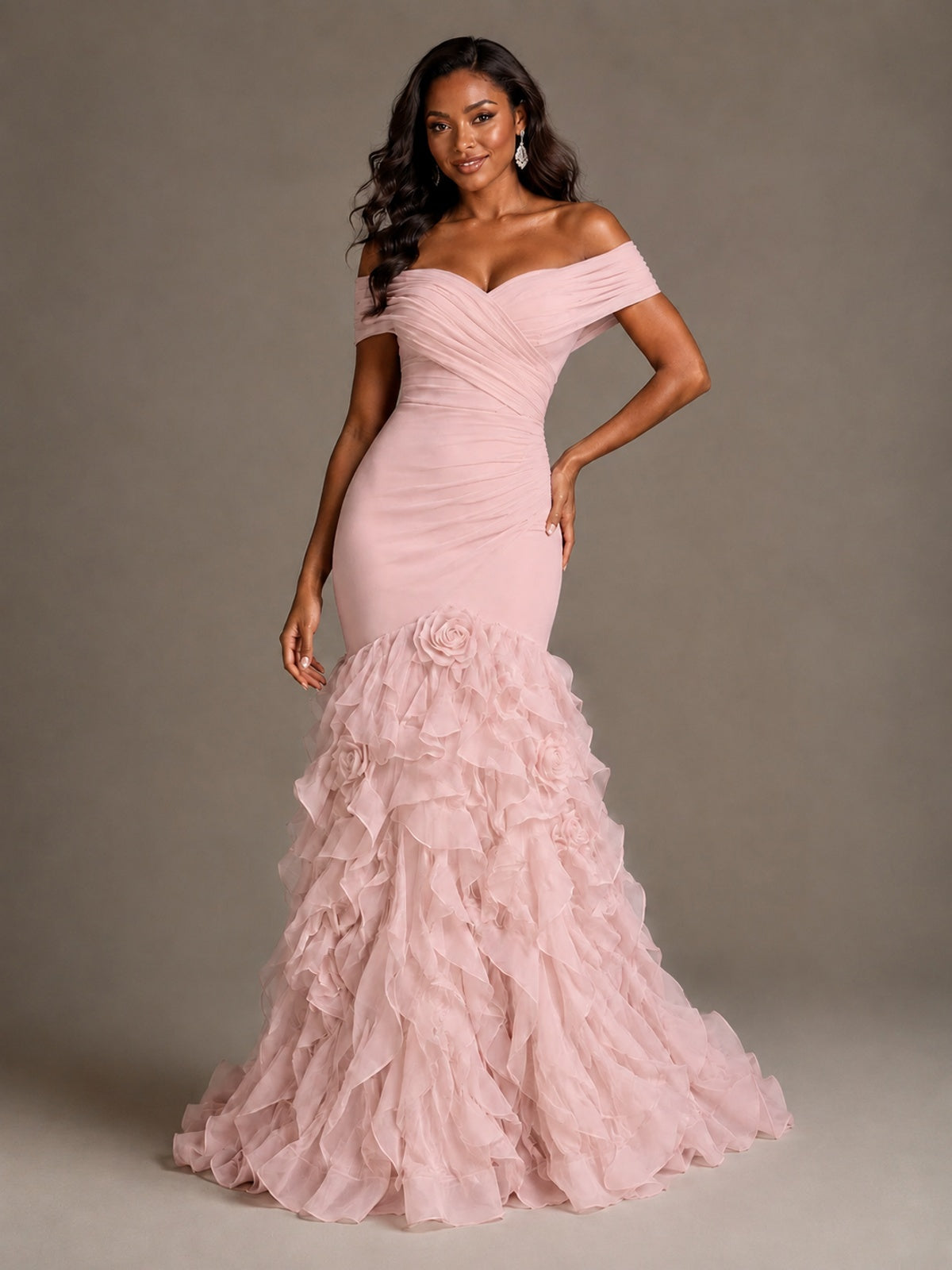 Pink Off-the-Shoulder Mermaid Prom Dress with Ruffles 3D Flowers