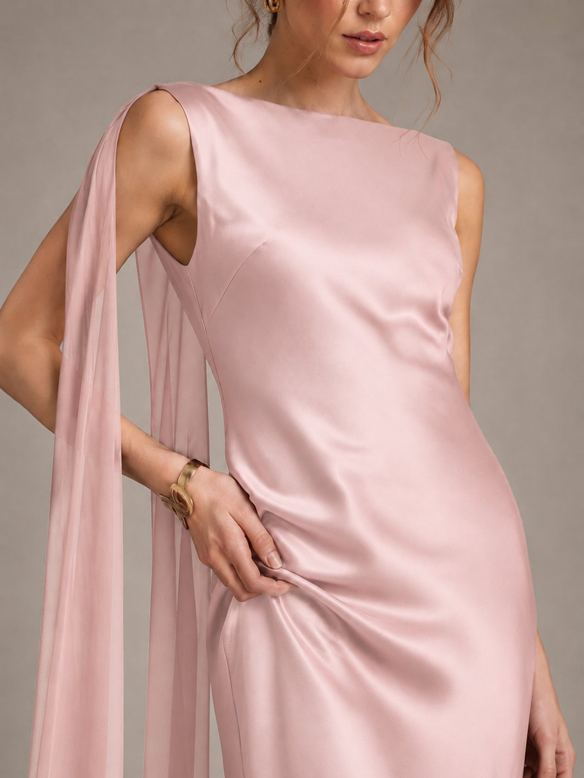 Burgundy Satin Mermaid Cape Maxi Dress