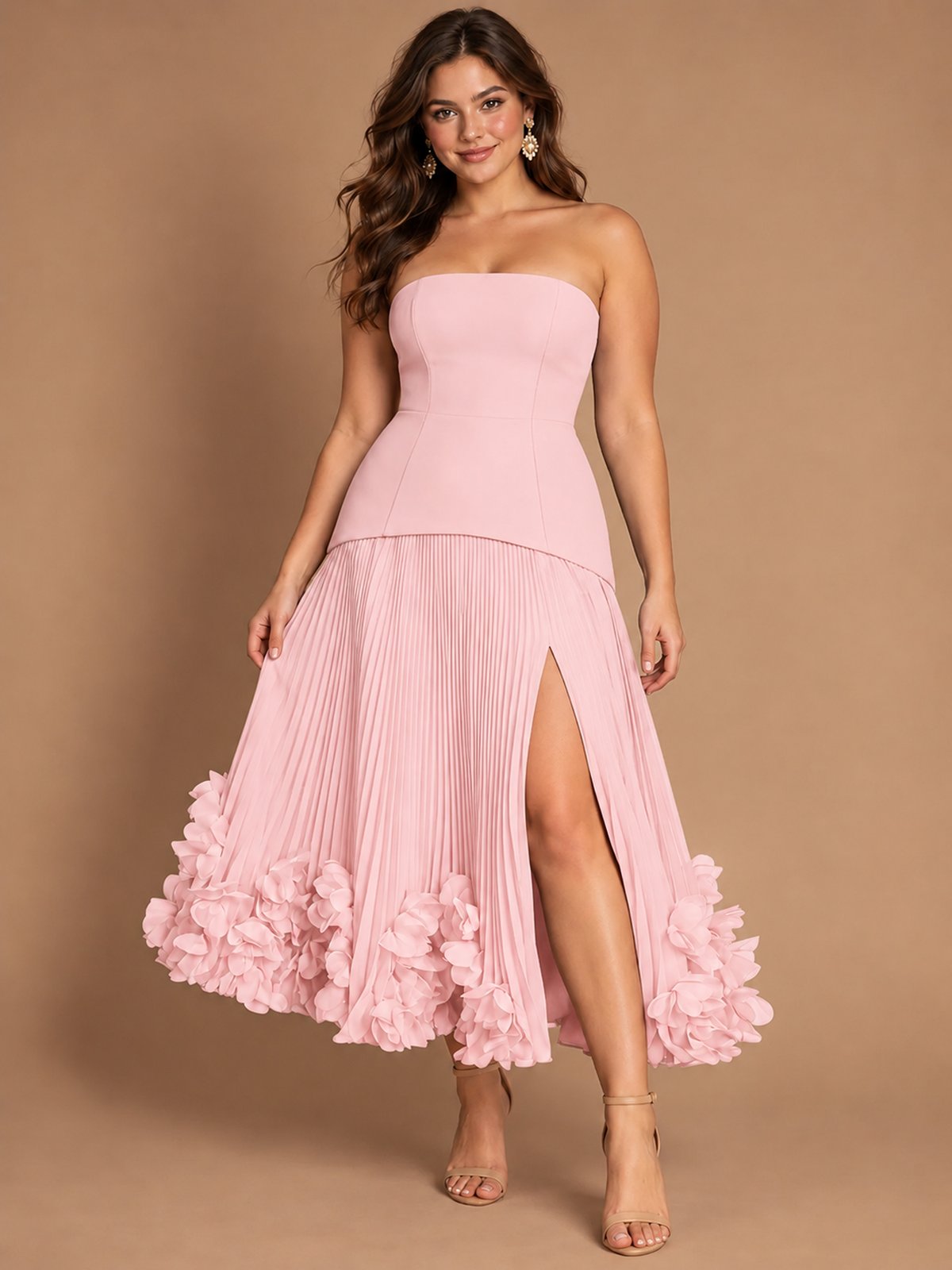 Navy Blue Strapless Pleated A-Line Midi Dress with 3D Floral Applique