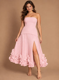 Navy Blue Strapless Pleated A-Line Midi Dress with 3D Floral Applique