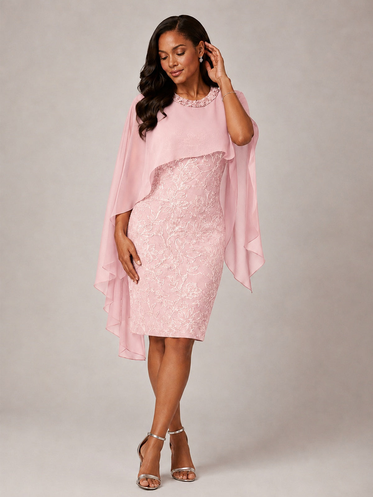 Floral Sheath Mother of the Bride Dress with Cape Overlay