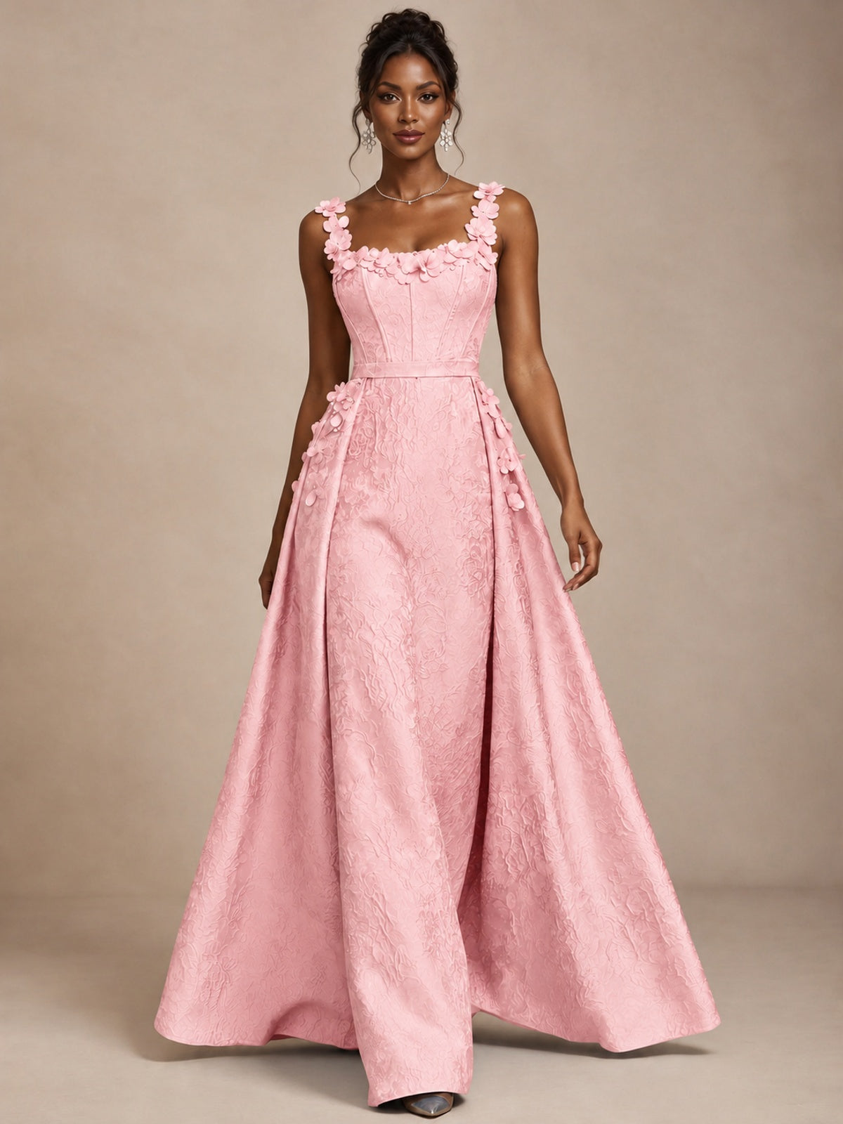 Light Blue 3D Floral Jacquard Prom Dress with Detachable Overskirt Corset Gown