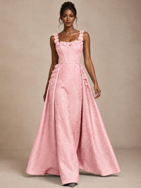 Light Blue 3D Floral Jacquard Prom Dress with Detachable Overskirt Corset Gown