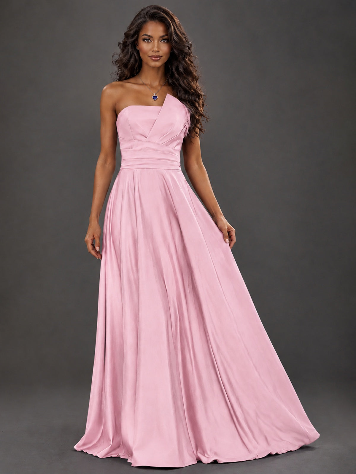 Draped Satin Prom Dress Strapless A-line Formal Dress Floor Length
