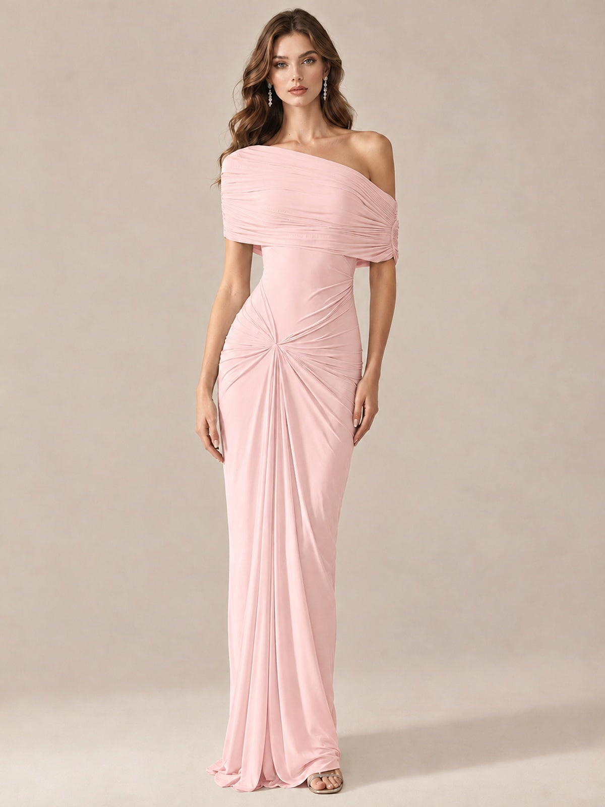 Elegant Draped Off Shoulder Ruched Mermaid Chiffon Formal Evening Gown