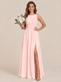 A-line Sleeveless Rucehd Chiffon Bridesmaid Dress with High Slit