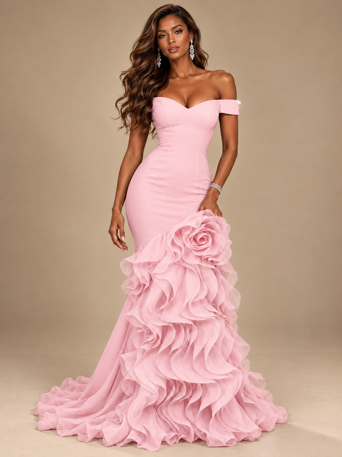 Dusty Blue Off-the-Shoulder Mermaid Prom Dress with 3D Rose & Ruffles