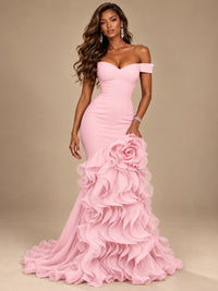 Dusty Blue Off-the-Shoulder Mermaid Prom Dress with 3D Rose & Ruffles