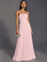 Blush Pink Strapless Pleated Satin Prom Dress Long Formal Gown Evening Dress