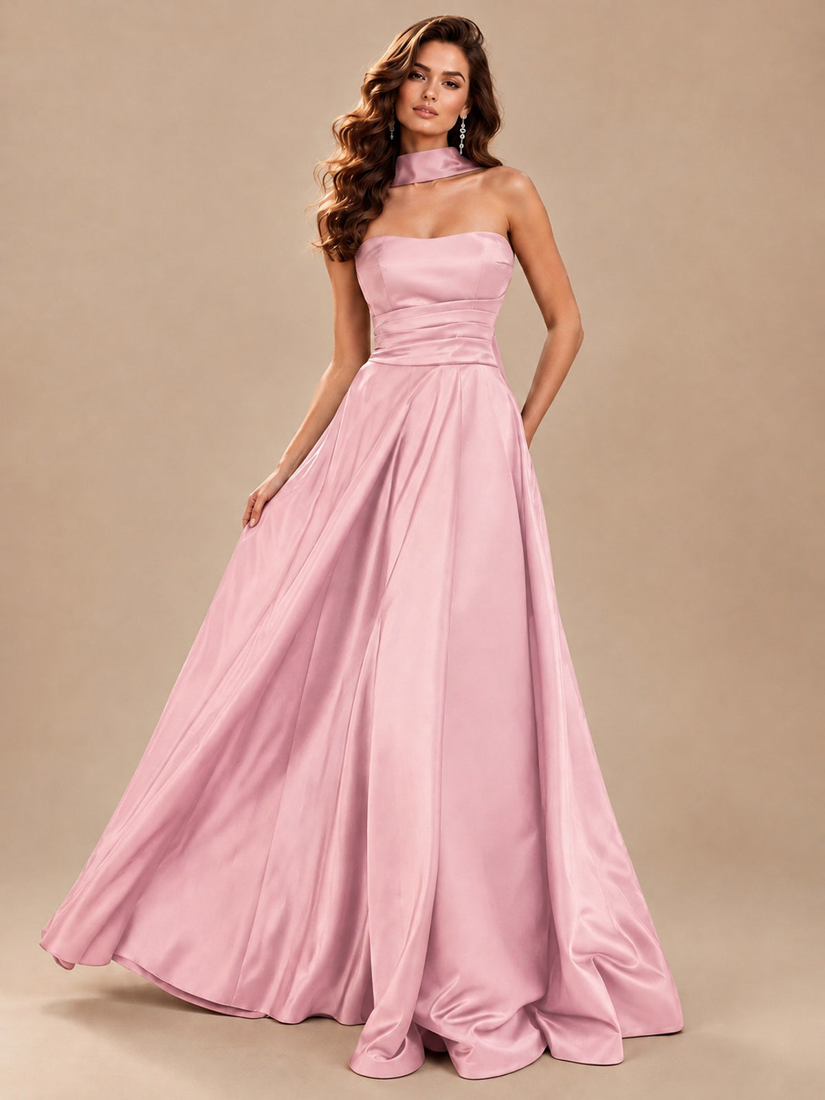 Strapless Prom Dress Side High Slit A-line Formal Dress with Scarf