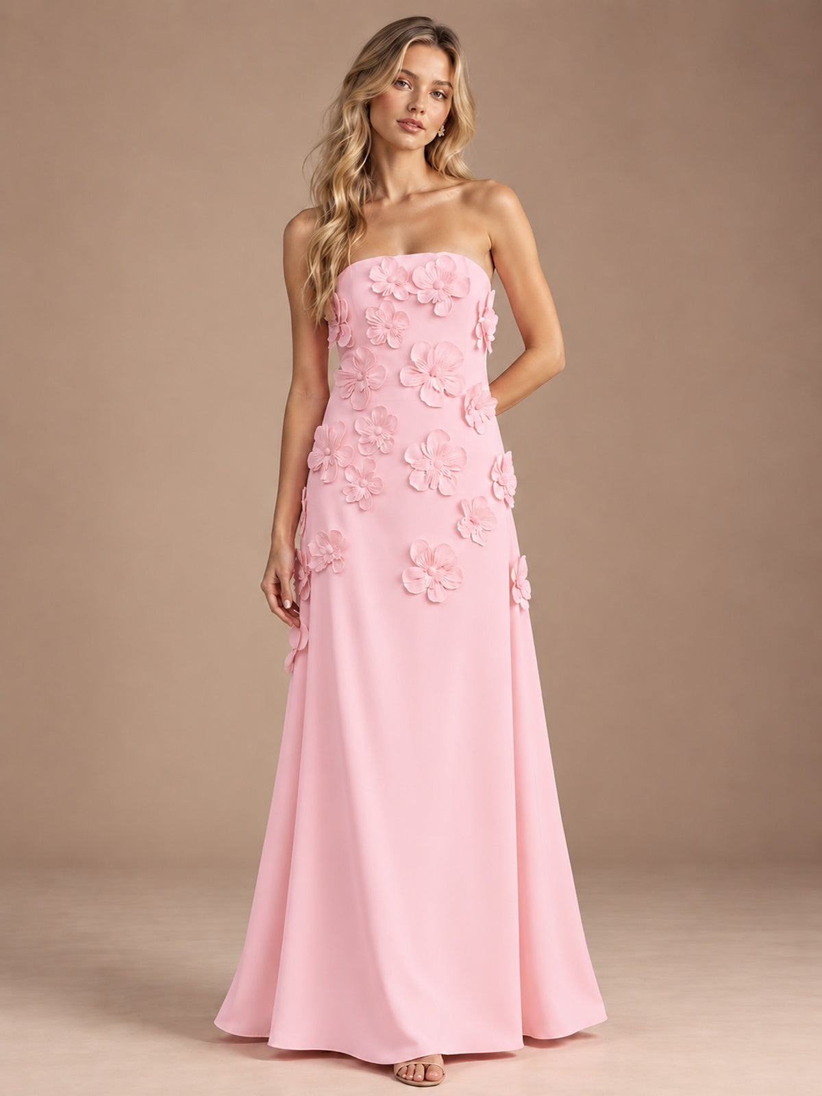 Blush Pink-Strapless 3D Floral A-line Satin Prom Maxi Dress Formal Evening Gown