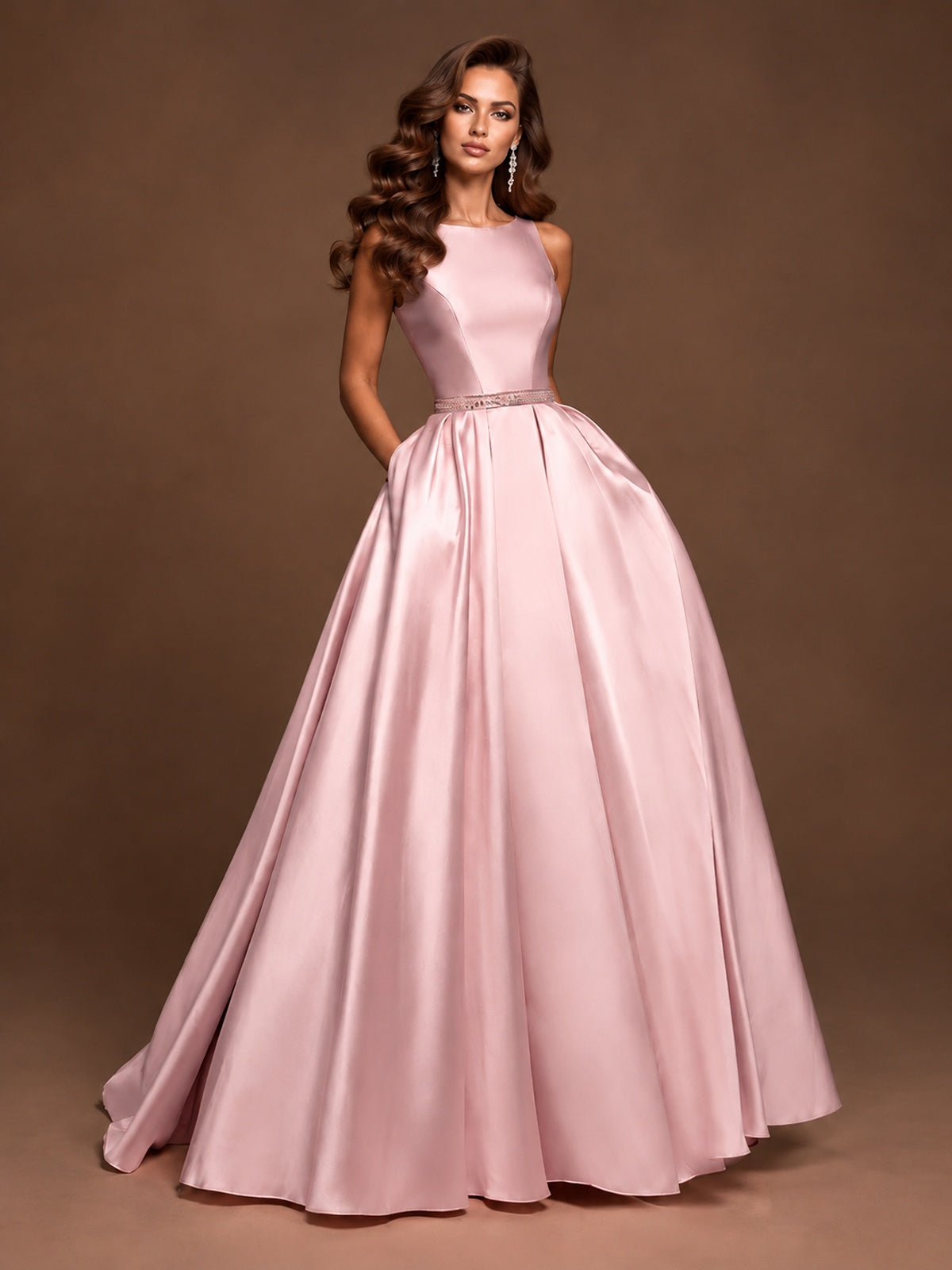 Satin A-Line Prom Dress Sleeveless Beaded Waist Formal Gown with Pockets